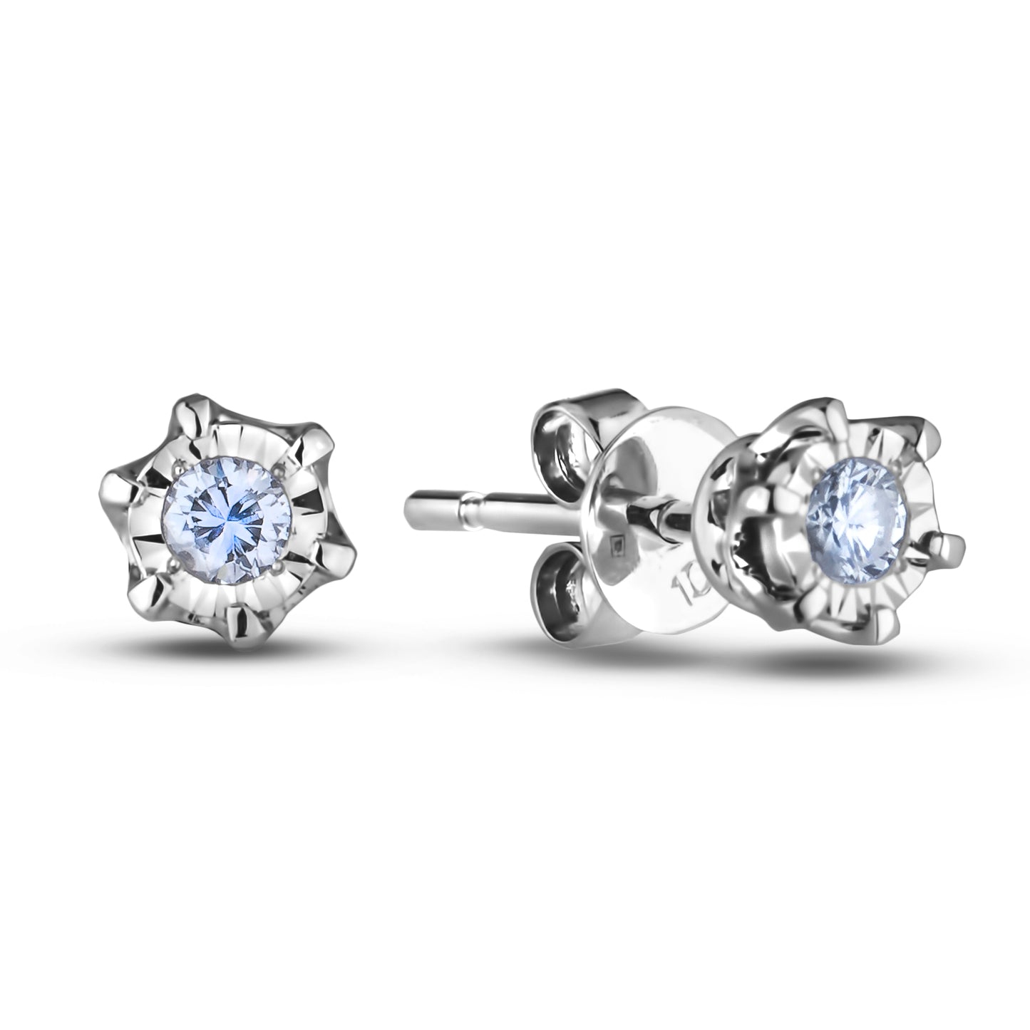 925 Sterling silver stud earrings with diamonds, miracle setting, butterfly backings on a white background