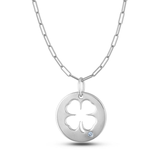 925 Sterling Silver 0.02 Ct Natural Canadian Diamond Lucky Four Leaf Clover Pendant & Paperclip Chain