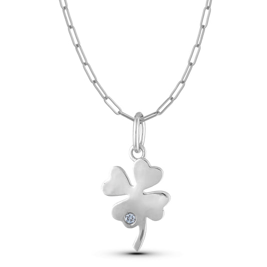 925 Sterling Silver 0.02 Ct Natural Canadian Diamond Four Leaf Clover Pendant & Paperclip Chain
