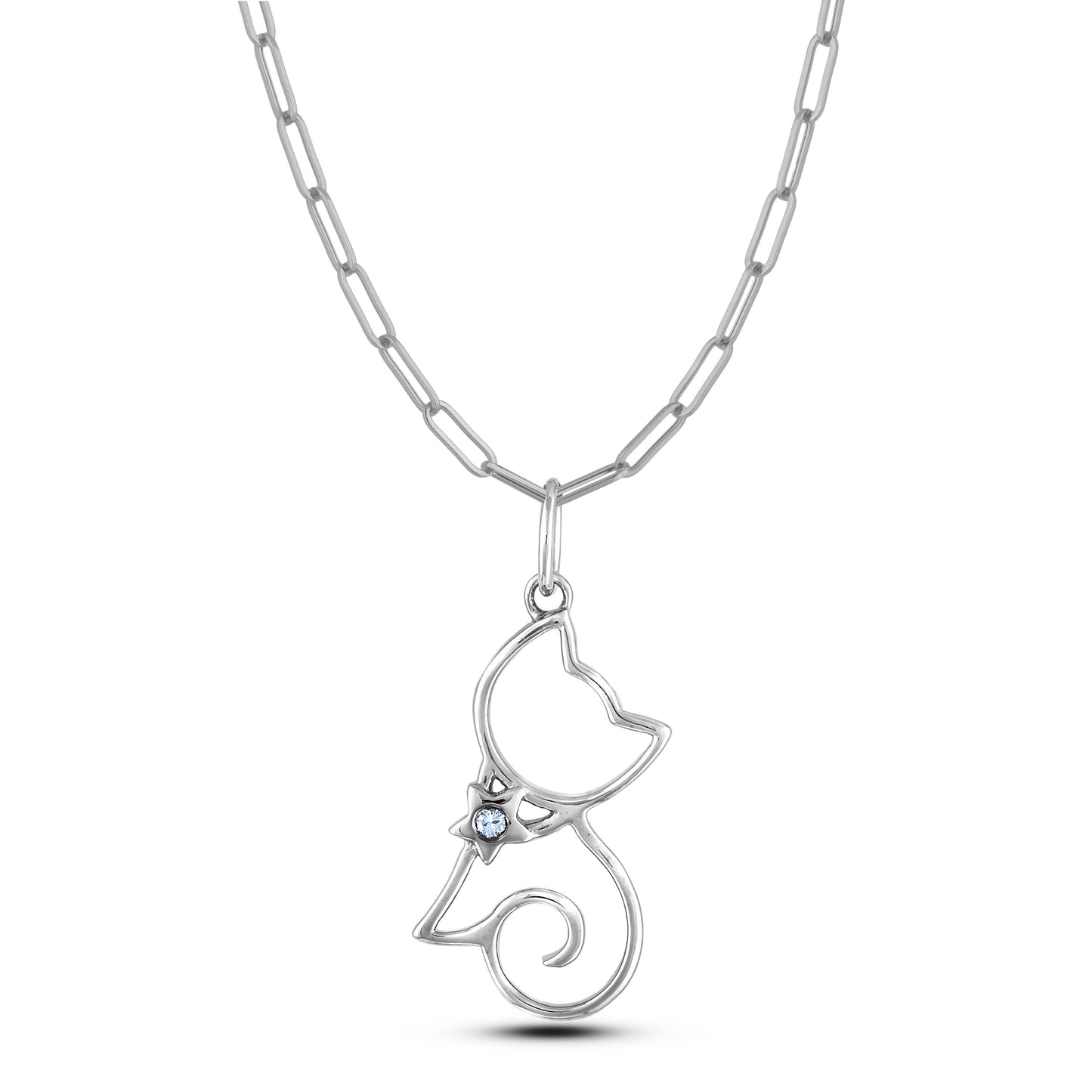 925 Sterling silver cat-shaped charm with a star collar and a bezel set Canadian diamond hanging from a paperclip chain  on a white background