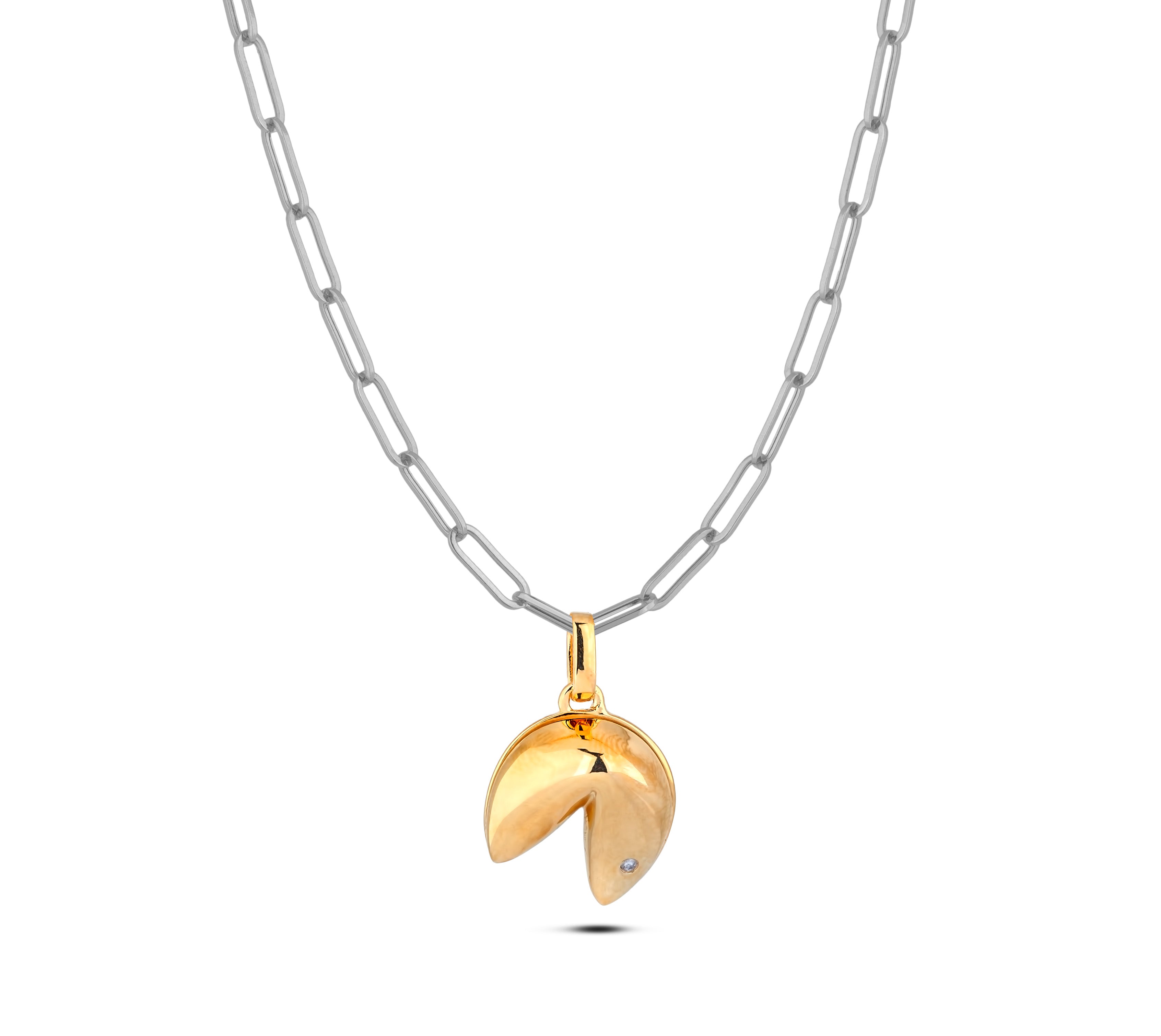 Canadian Diamond Fortune Cookie Charm & Paperclip Chain Necklace