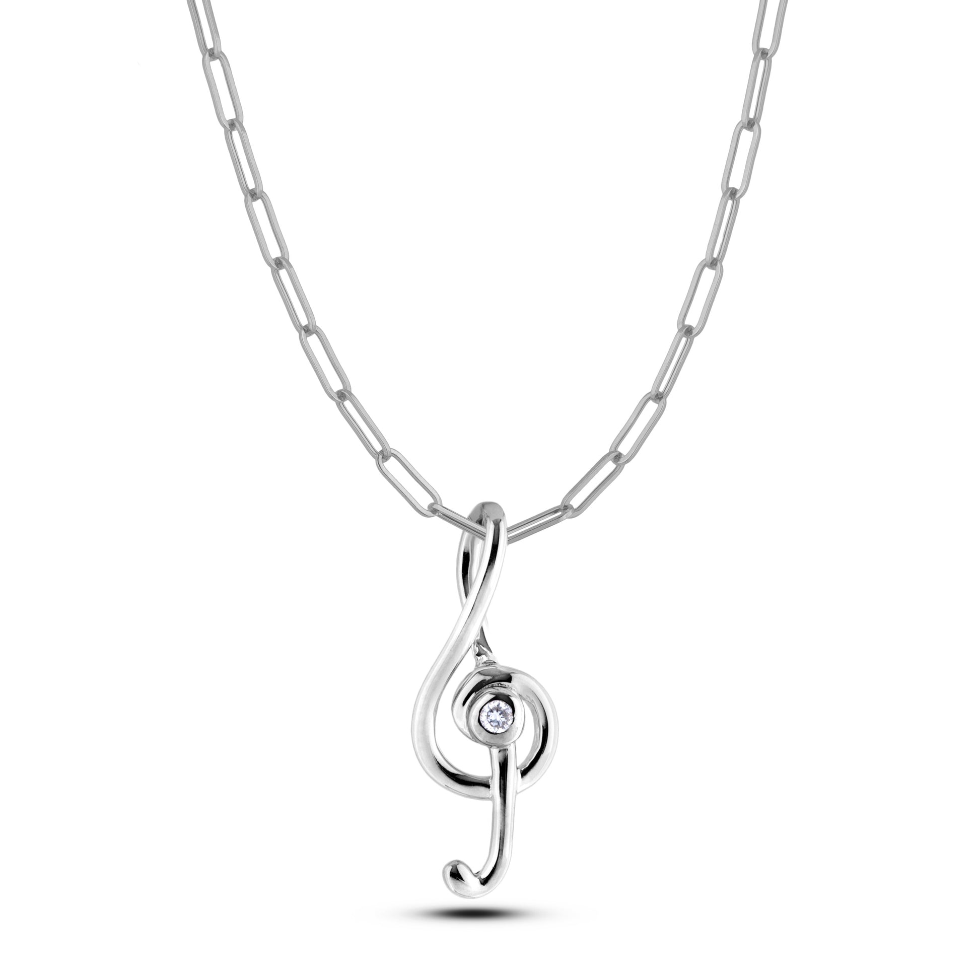 925 Sterling silver paperclip chain with a treble clef and bezel set Canadian diamond pendant on a white background