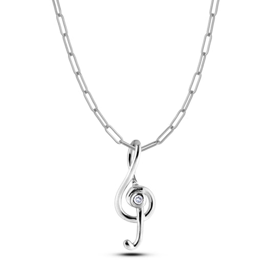 925 Sterling silver paperclip chain with a treble clef and bezel set Canadian diamond pendant on a white background