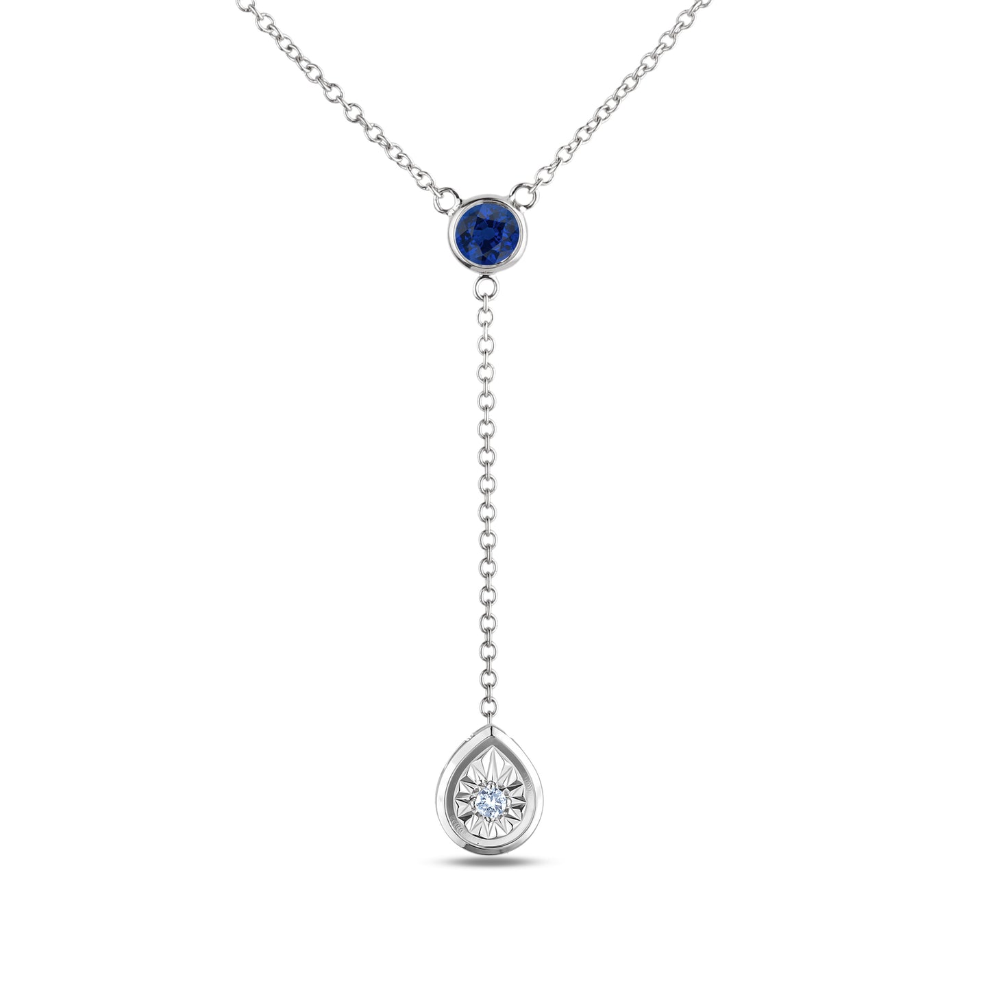 Silver necklace with a blue sapphire and diamond miracle set teardrop pendant on a white background
