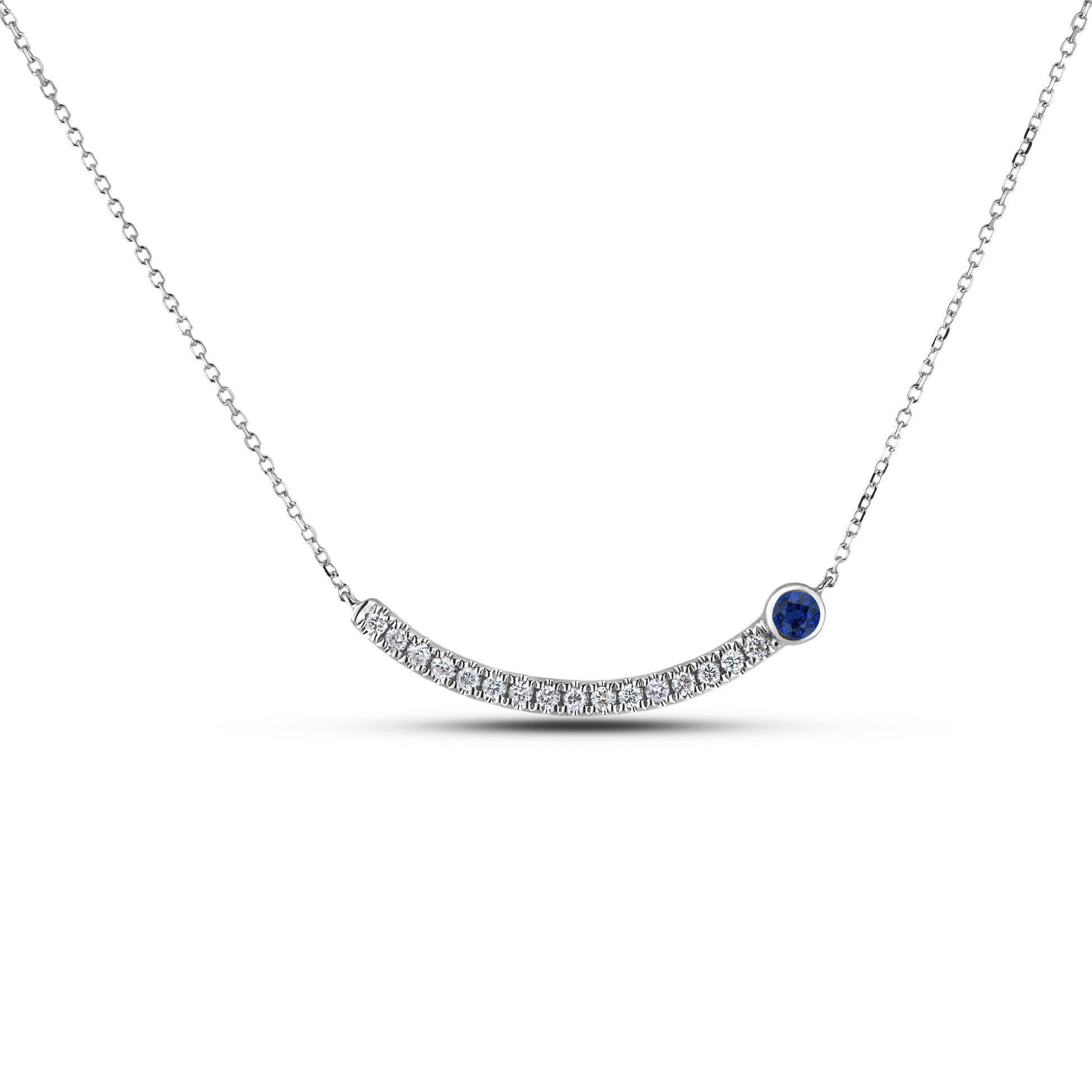 925 Sterling Silver 1/4 Cttw White Diamond & Blue Sapphire Curved Bar Smile Necklace