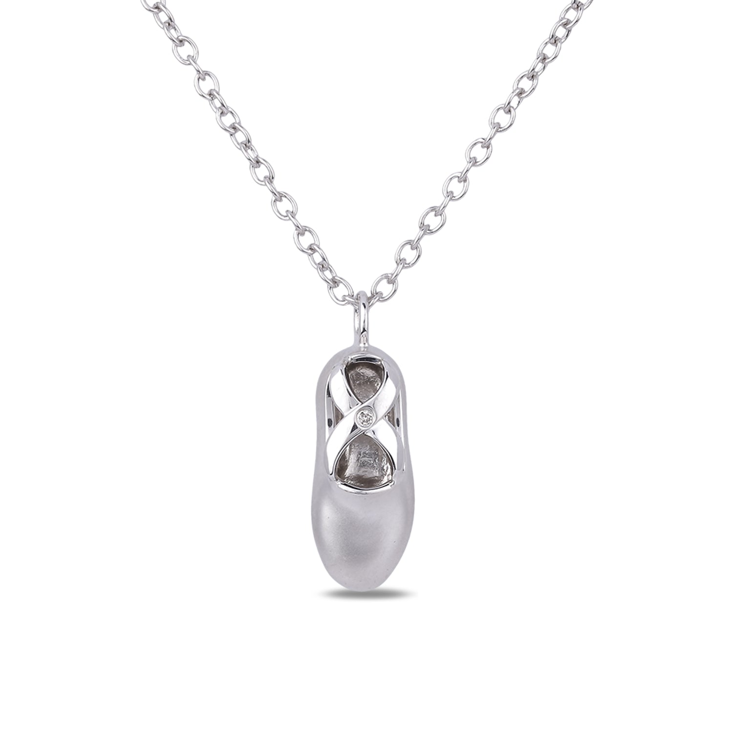 Sterling silver ballet slipper pendant featuring a round brilliant cut, canadian diamond in the center.