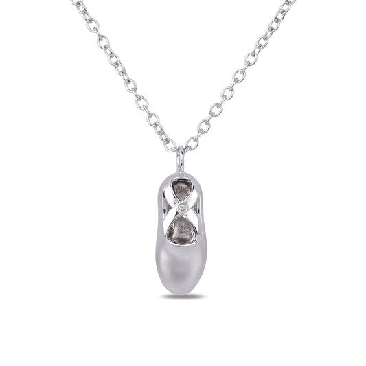 Sterling silver ballet slipper pendant featuring a round brilliant cut, canadian diamond in the center.