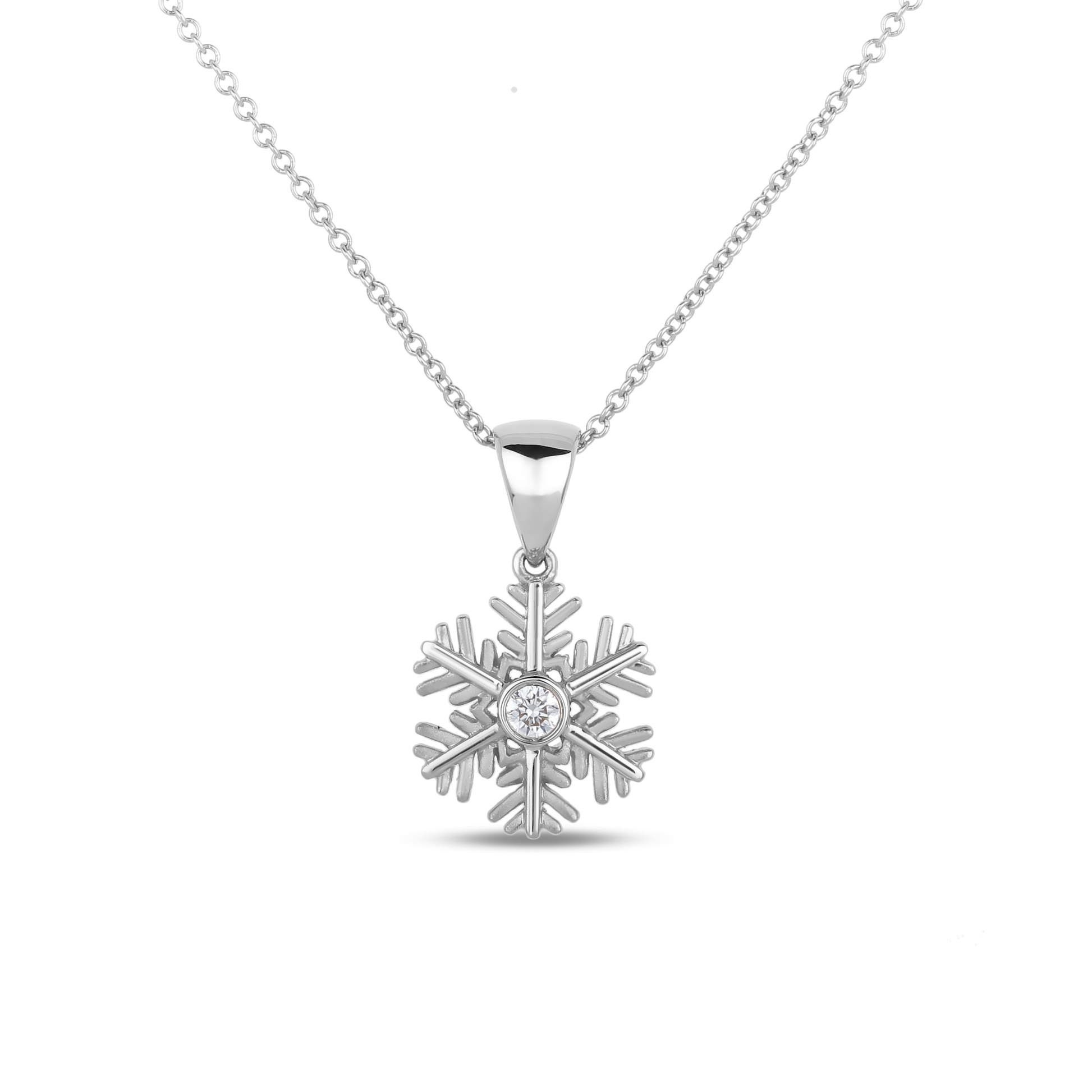 925 Sterling silver snowflake charm with a 0.06 Canadian diamond in the center with rolo chain on a white background