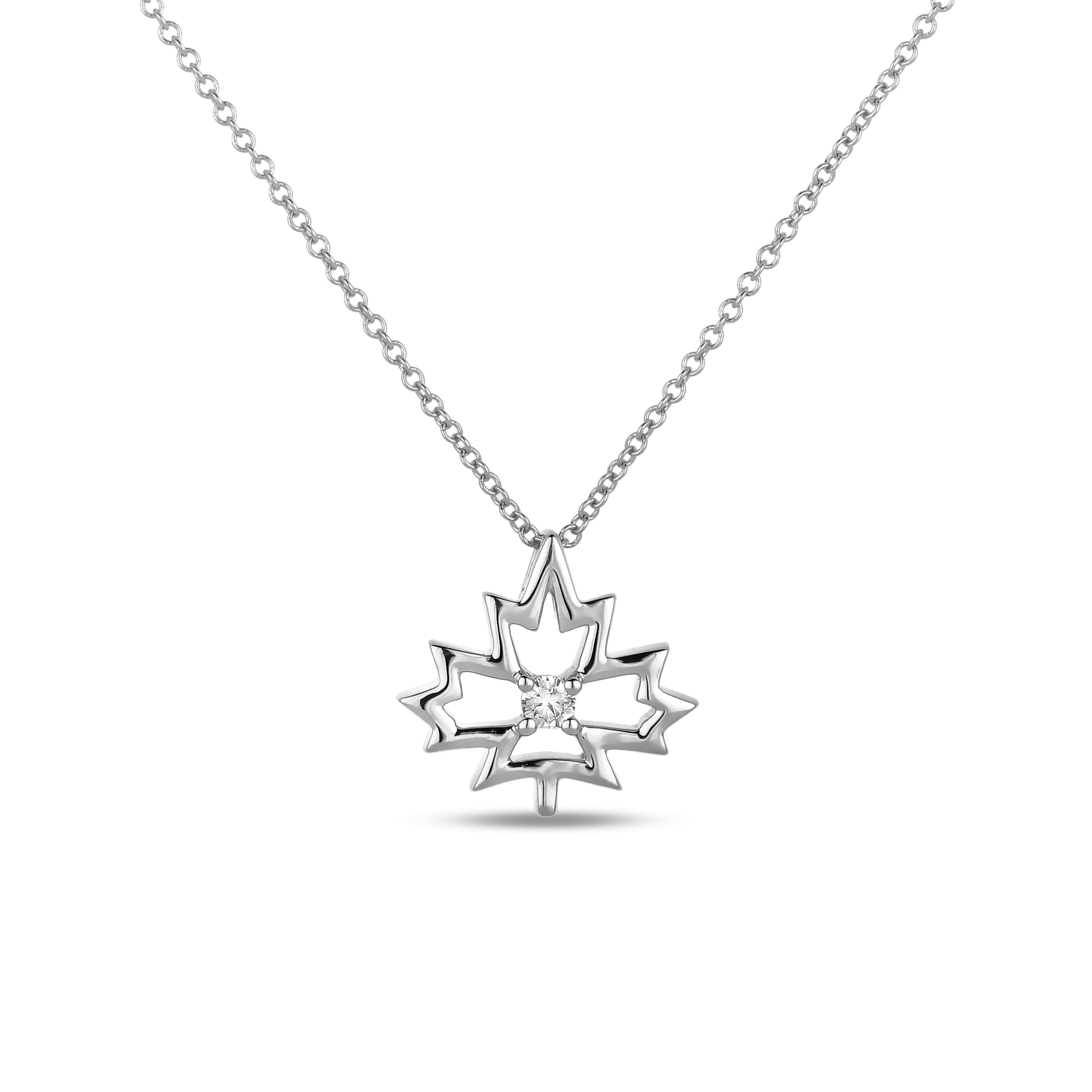 High polish 925 sterling silver maple leaf pendant featuring a maple leaf charm with a 0.06 Canadian diamond in the center in a 4 prong setting, hanging from a rolo chain.