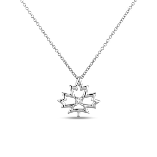High polish 925 sterling silver maple leaf pendant featuring a maple leaf charm with a 0.06 Canadian diamond in the center in a 4 prong setting, hanging from a rolo chain.