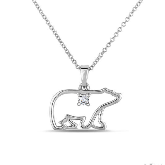 Sterling silver Polar Bear pendant featuring a round brilliant cut, canadian diamond.