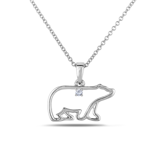 925 Sterling Silver 0.02 Ct Natural Canadian Diamond Baby Polar Bear Pendant and Chain  (I Colour, I1-I2 Clarity)