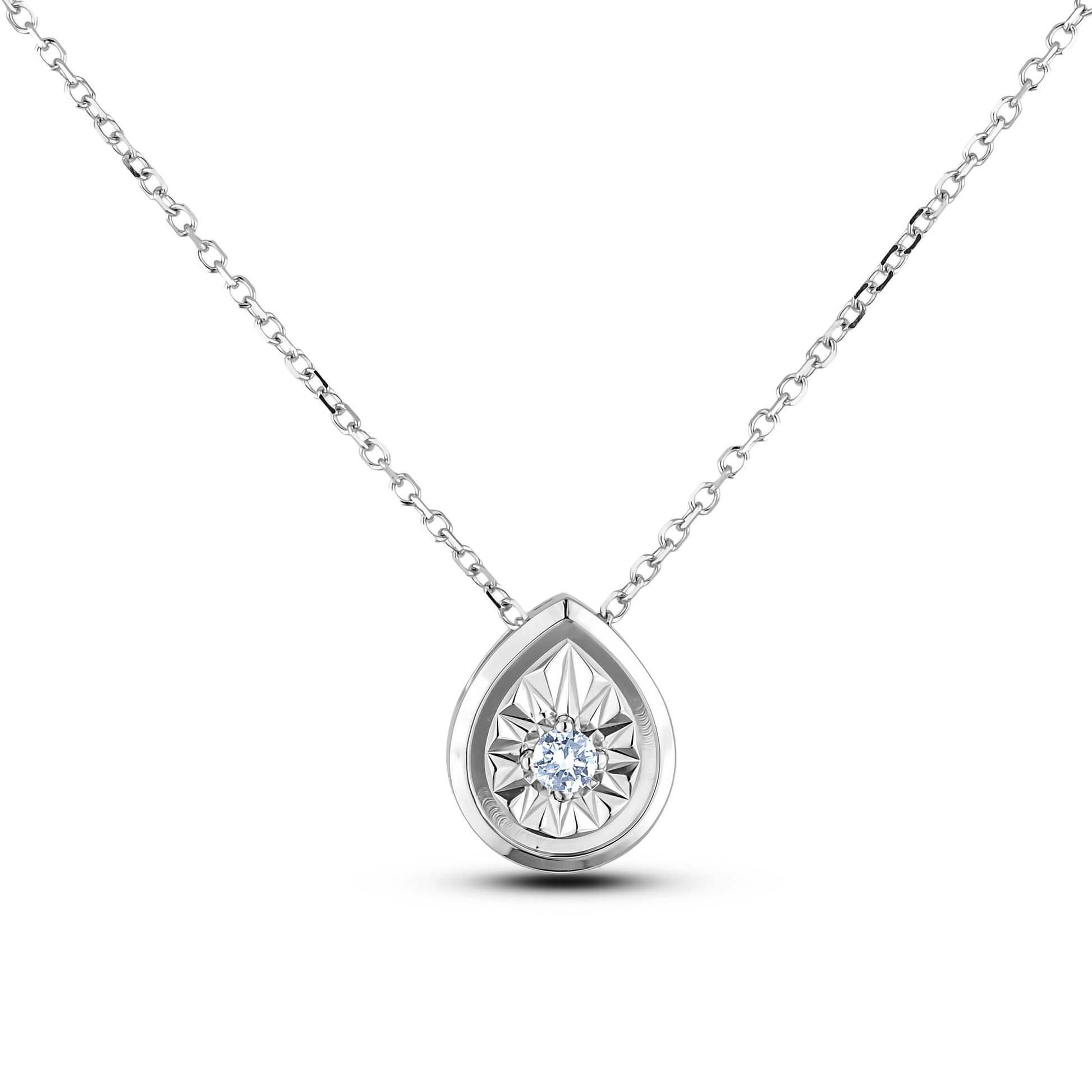 Sterling silver pear shaped pendant featuring a round brilliant cut, canadian diamond set in a miracle illusion setting. 