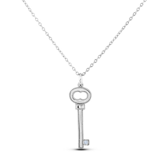 Sterling silver key pendant featuring a round brilliant cut, canadian diamond in the center. 