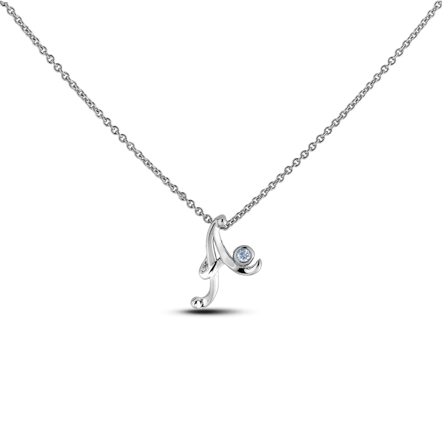 Sterling silver Canadian diamond pendant necklace featuring a script alphabet letter A design, displayed on a matching silver rolo chain.