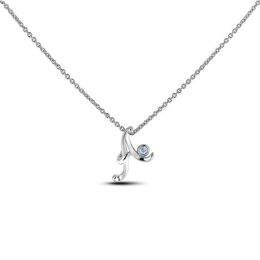 Sterling silver Canadian diamond pendant necklace featuring a script alphabet letter A design, displayed on a matching silver rolo chain.