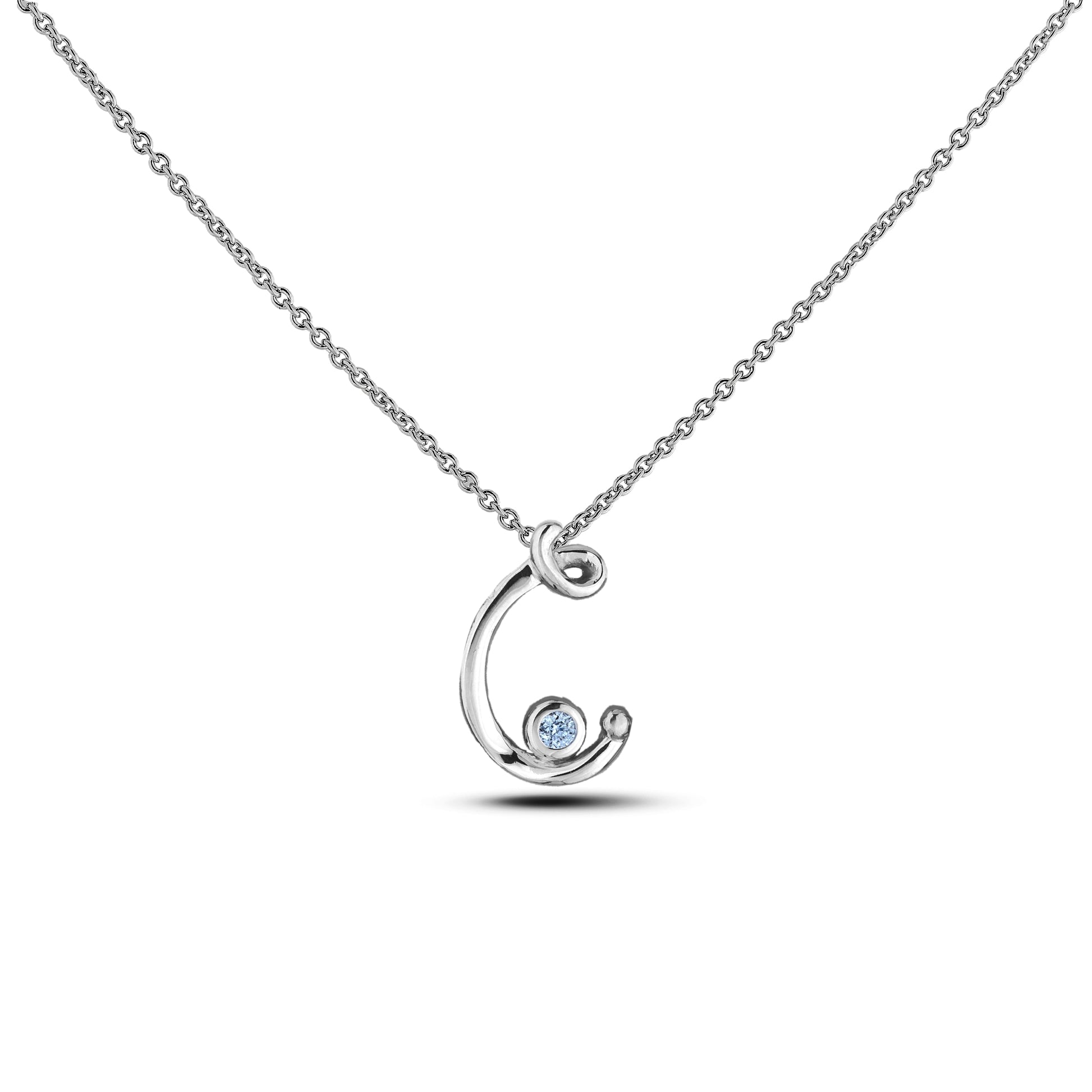 Sterling silver Canadian diamond pendant necklace featuring a script alphabet letter C design, displayed on a matching silver rolo chain.

