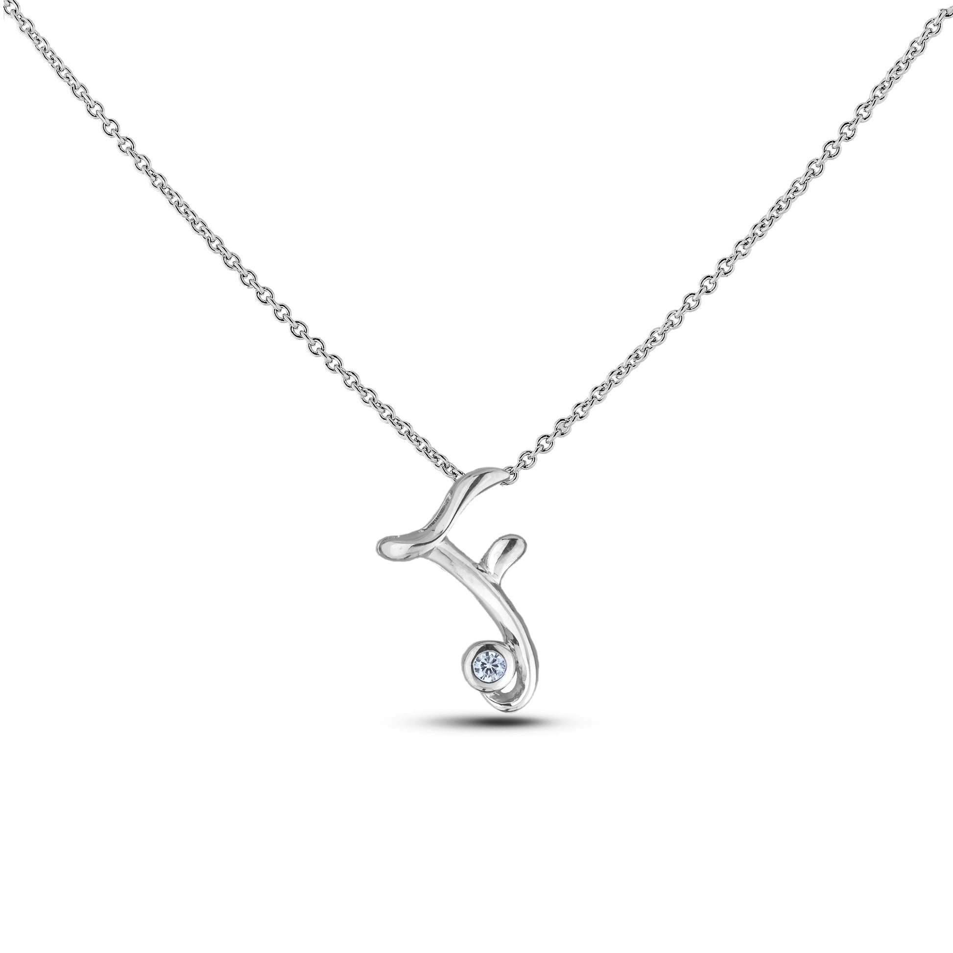 Sterling silver Canadian diamond pendant necklace featuring a script alphabet letter F design, displayed on a matching silver rolo chain.

