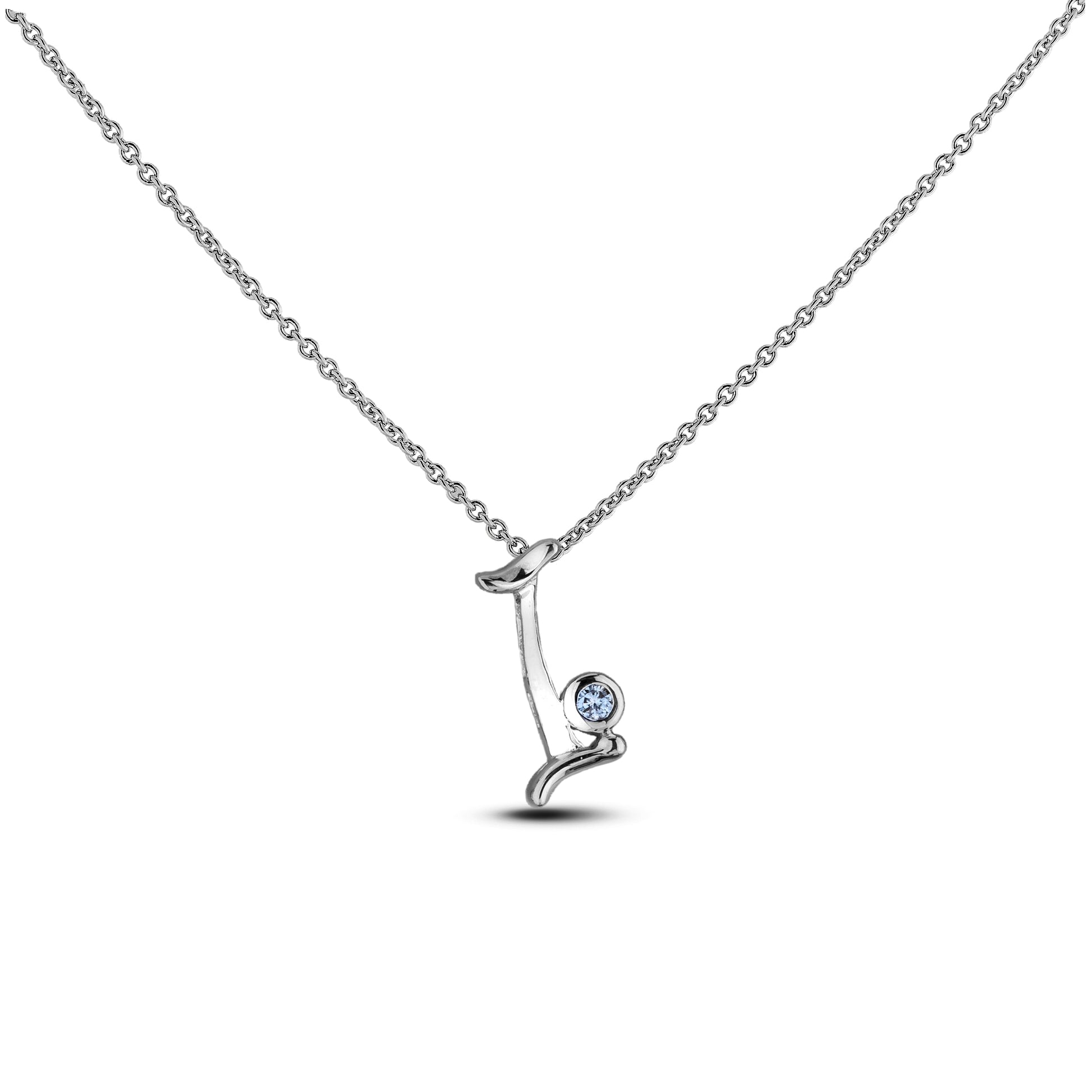 Sterling silver Canadian diamond pendant necklace featuring a script alphabet letter I design, displayed on a matching silver rolo chain.

