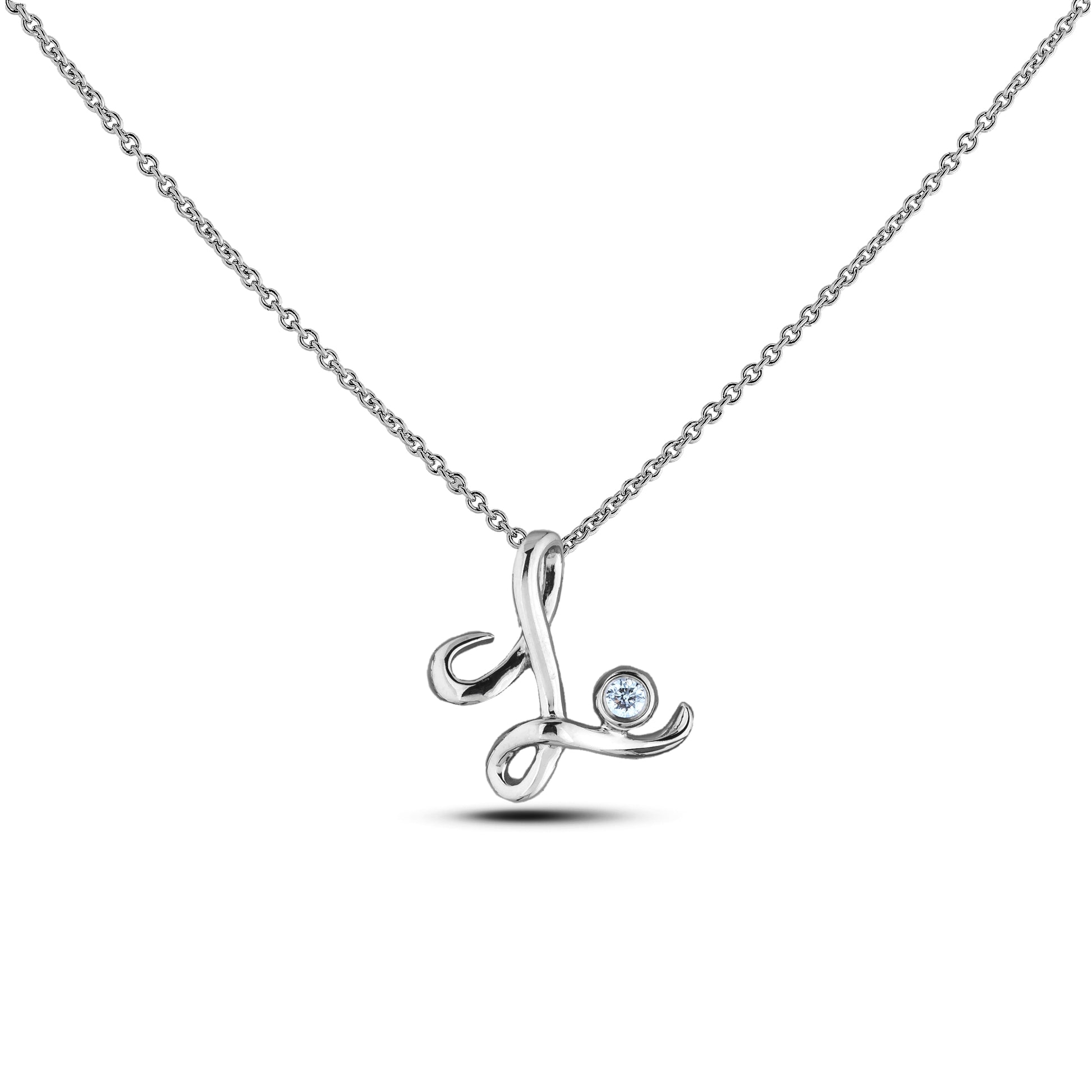 Sterling silver Canadian diamond pendant necklace featuring a script alphabet letter L design, displayed on a matching silver rolo chain.

