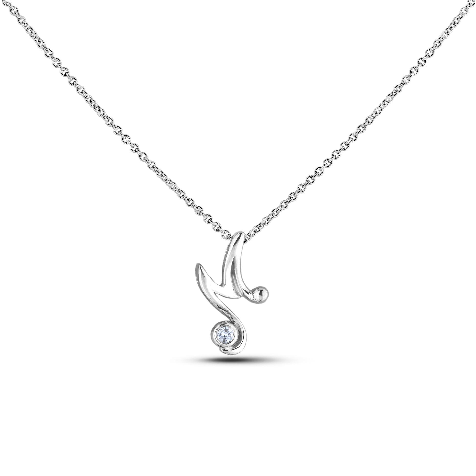 Sterling silver Canadian diamond pendant necklace featuring a script alphabet letter M design, displayed on a matching silver rolo chain.

