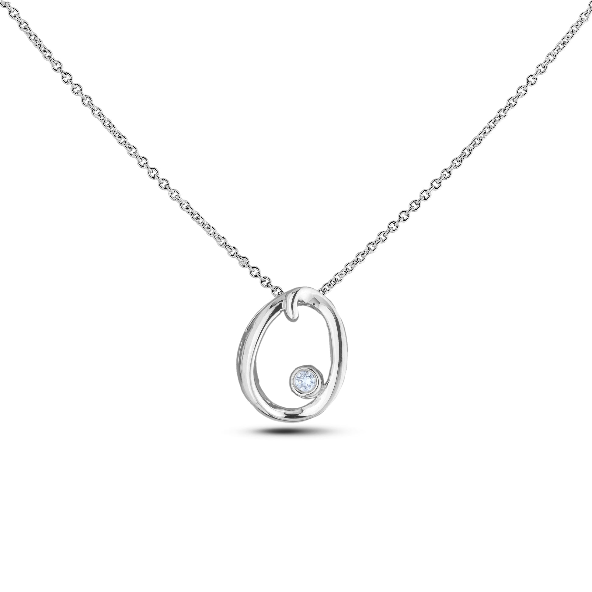 Sterling silver Canadian diamond pendant necklace featuring a script alphabet letter O design, displayed on a matching silver rolo chain.

