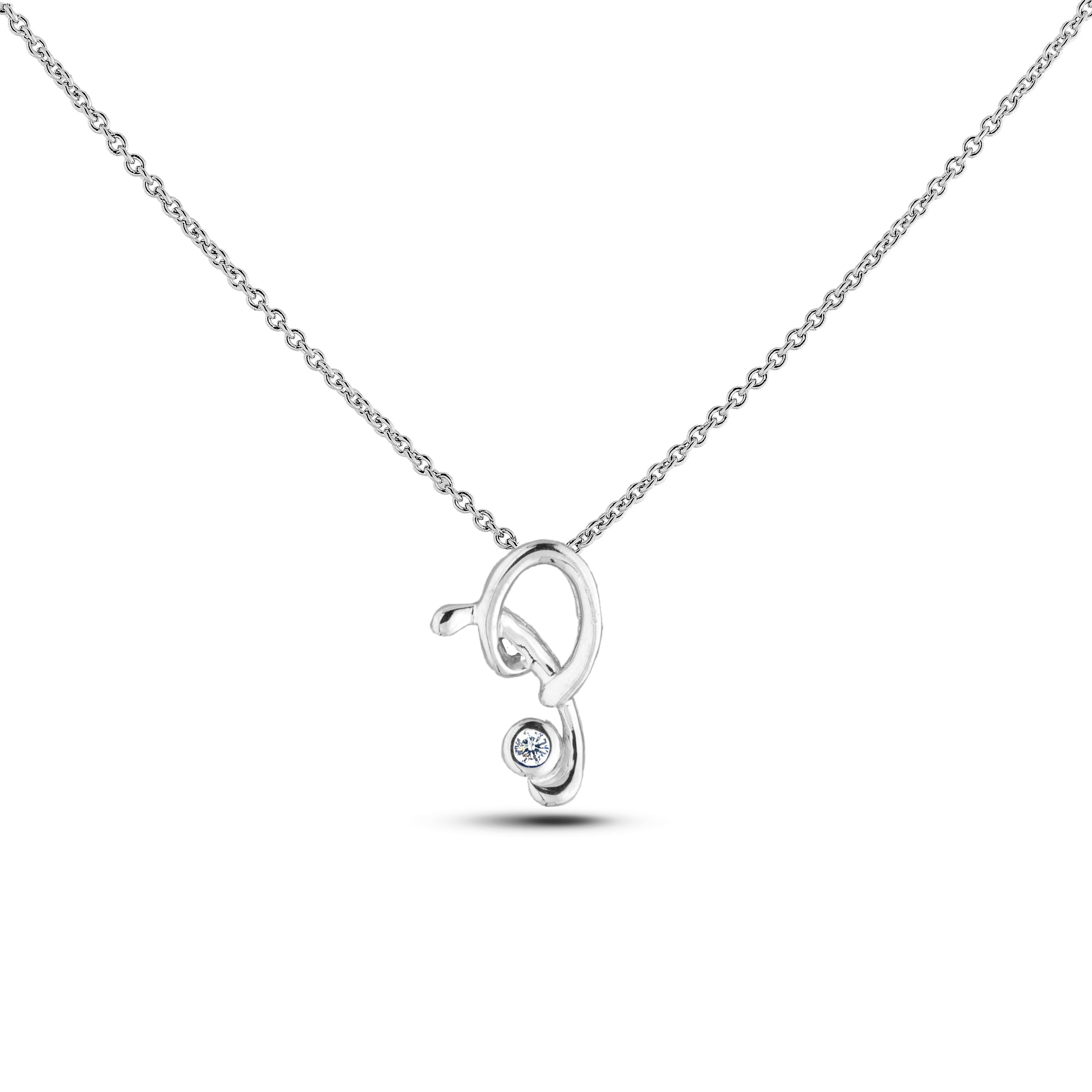 Sterling silver Canadian diamond pendant necklace featuring a script alphabet letter P design, displayed on a matching silver rolo chain.

