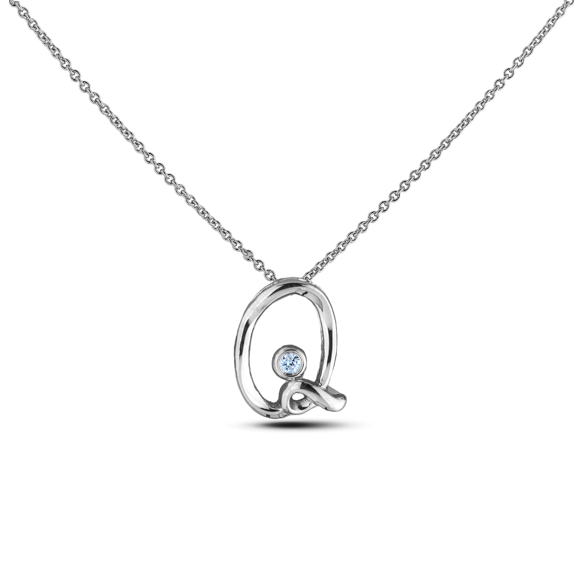 Sterling silver Canadian diamond pendant necklace featuring a script alphabet letter Q design, displayed on a matching silver rolo chain.

