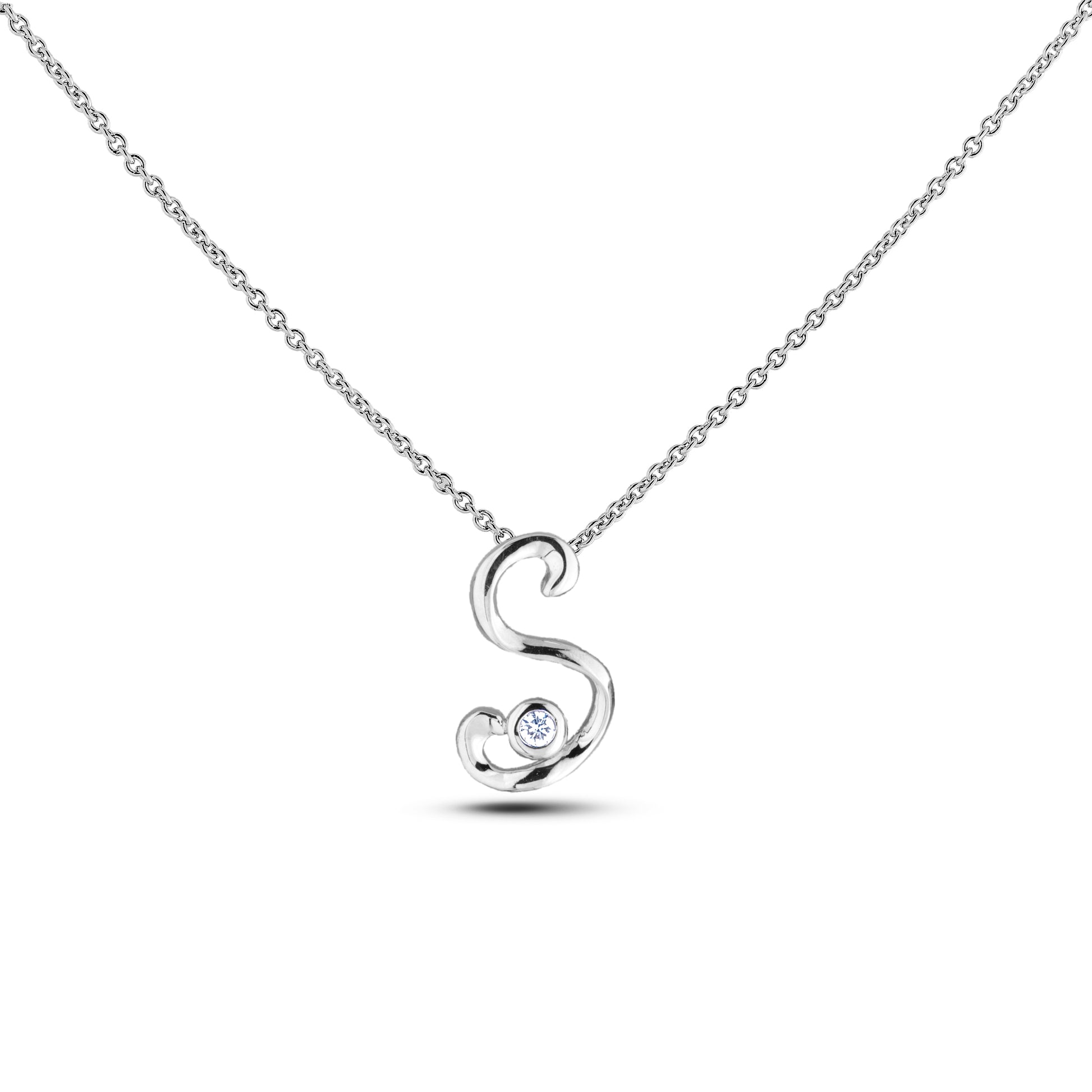 Sterling silver Canadian diamond pendant necklace featuring a script alphabet letter S design, displayed on a matching silver rolo chain.


