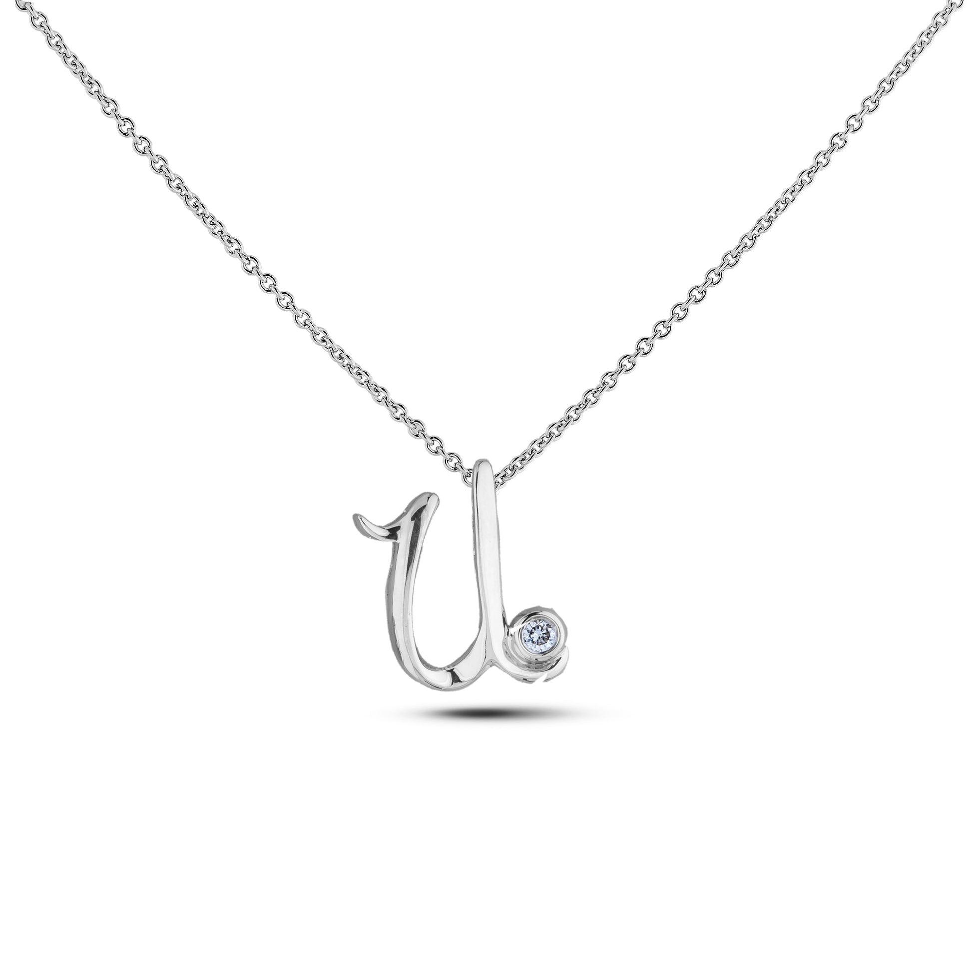 Sterling silver Canadian diamond pendant necklace featuring a script alphabet letter U design, displayed on a matching silver rolo chain.

