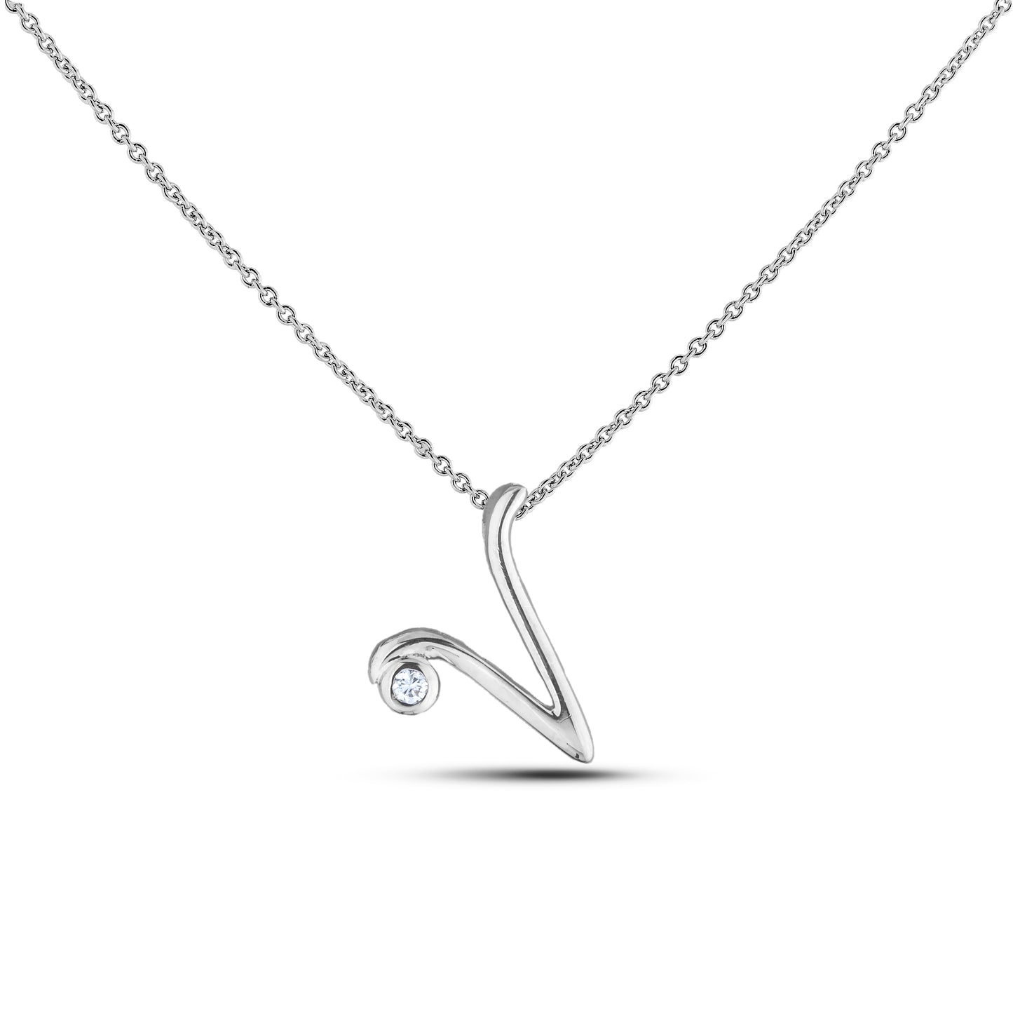 Sterling silver Canadian diamond pendant necklace featuring a script alphabet letter V design, displayed on a matching silver rolo chain.

