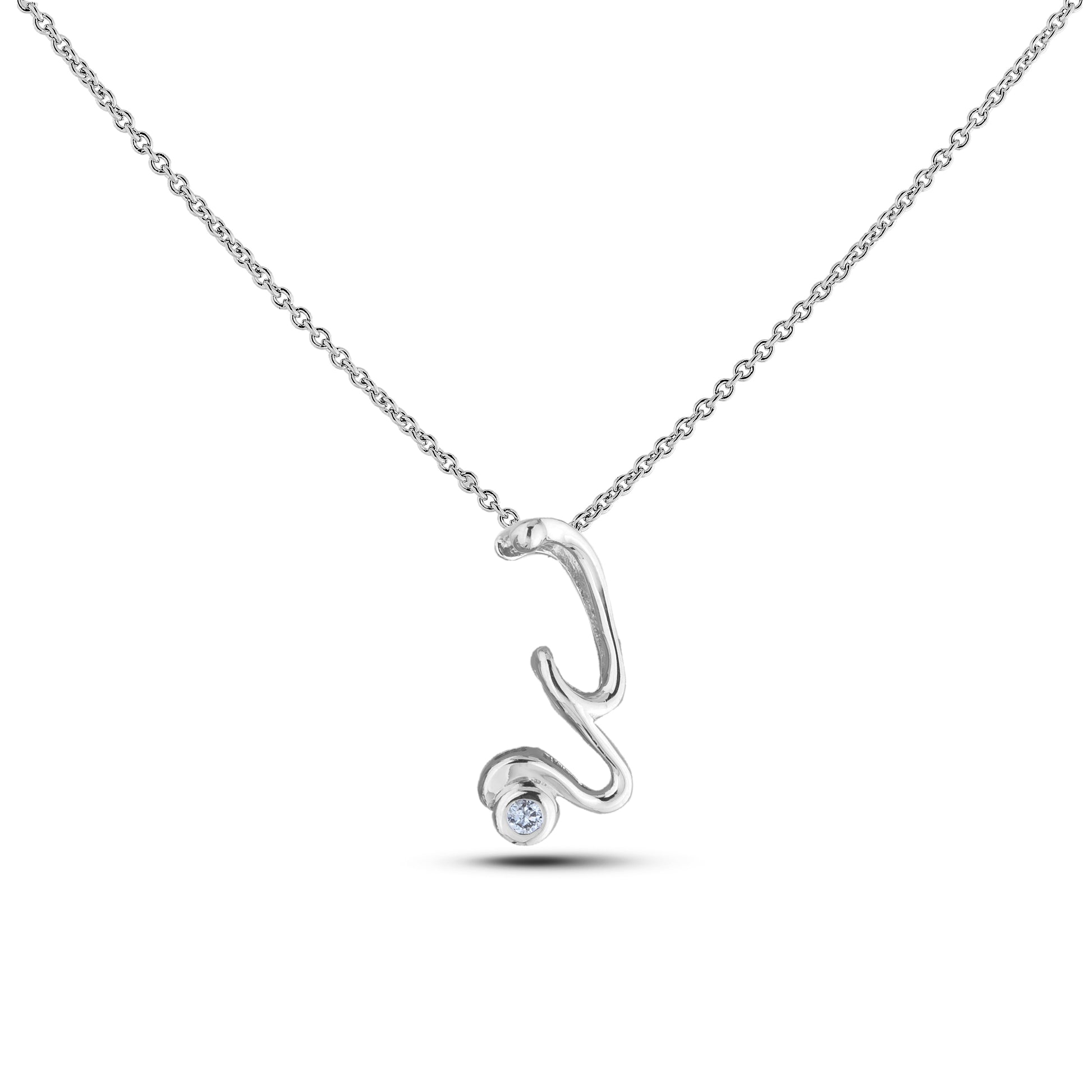Sterling silver Canadian diamond pendant necklace featuring a script alphabet letter W design, displayed on a matching silver rolo chain.

