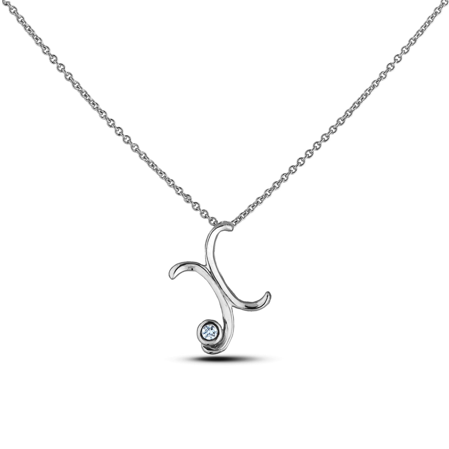 Sterling silver Canadian diamond pendant necklace featuring a script alphabet letter X design, displayed on a matching silver rolo chain.

