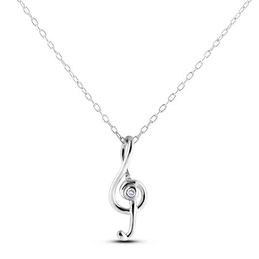925 Sterling Silver 0.03 Ct Natural Canadian Diamond Treble Clef Musical Note Pendant & Chain
