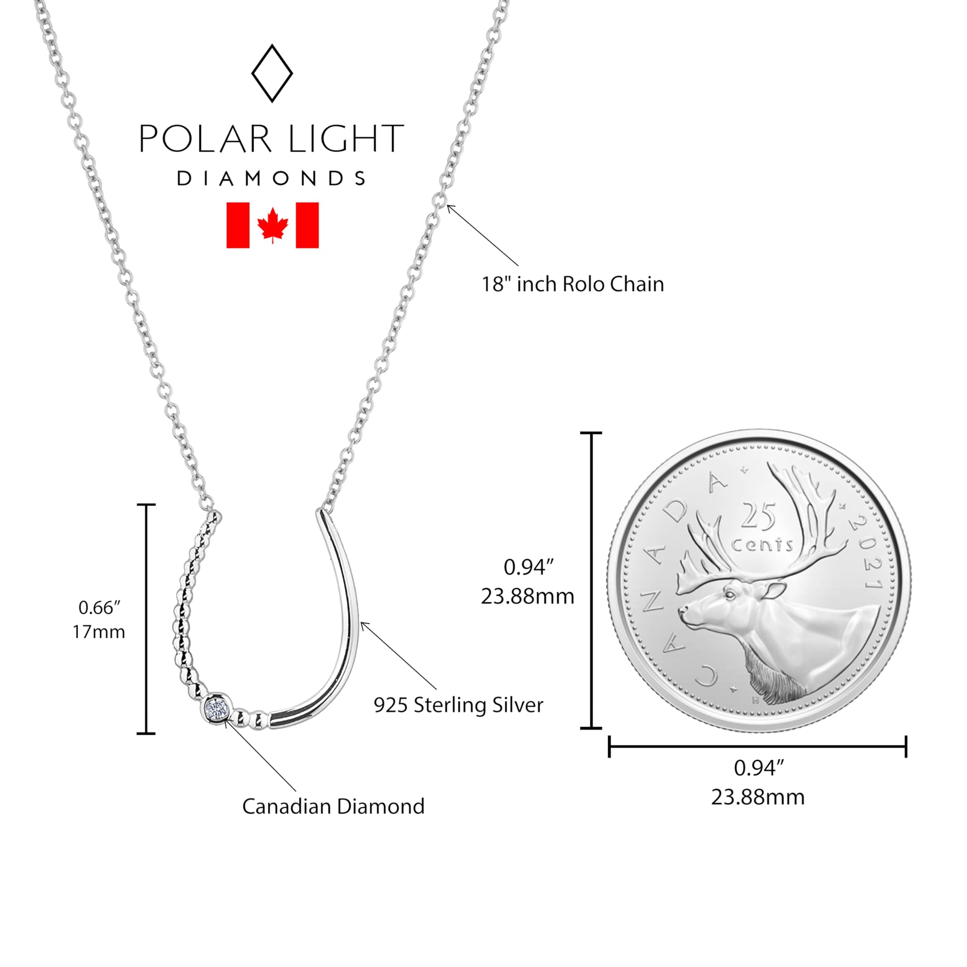 Sterling silver horseshoe lucky charm pendant featuring a round brilliant cut, canadian diamond size reference.