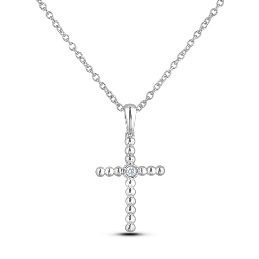 Sterling silver cross pendant featuring a round brilliant cut, canadian diamond in the center.