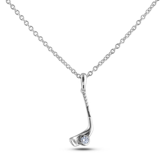 925 Sterling silver hockey stick pendant featuring a hockey stick charm design with a round brilliant cut Canadian diamond as a puck, hanging from a rolo chain. 