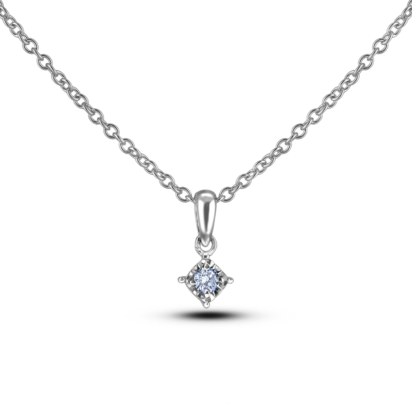 Sterling silver solitaire miracle setting Canadian diamond pendant with rolo chain on a white background.