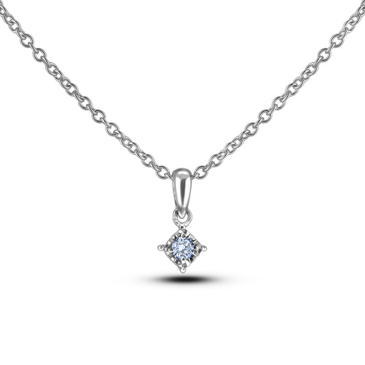 Sterling silver solitaire miracle setting Canadian diamond pendant with rolo chain on a white background.