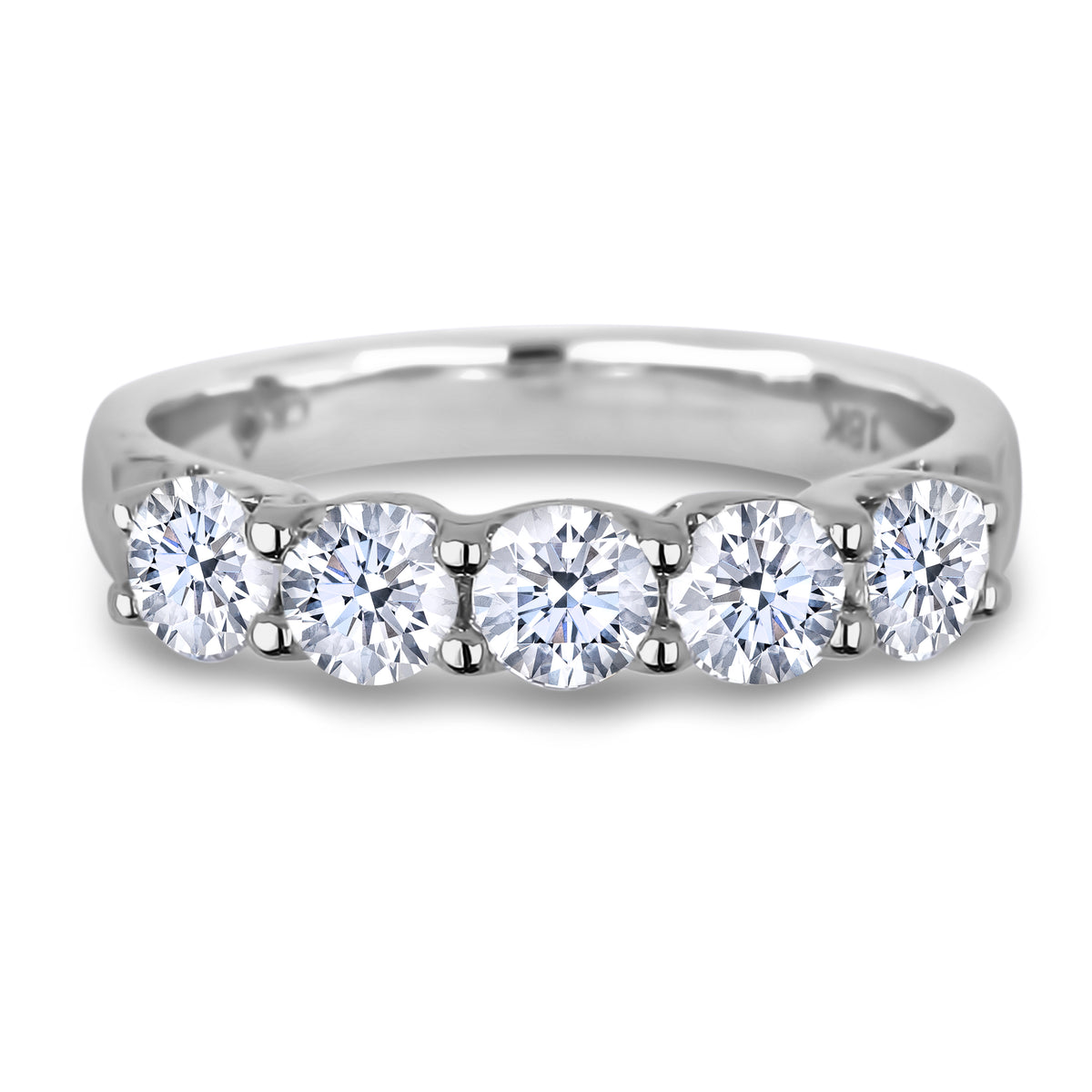Top-down view of a five-stone diamond ring in solid 18K white gold featuring 0.90 cttw of GIA certified internally flawless E-F color diamonds set in a classic row.