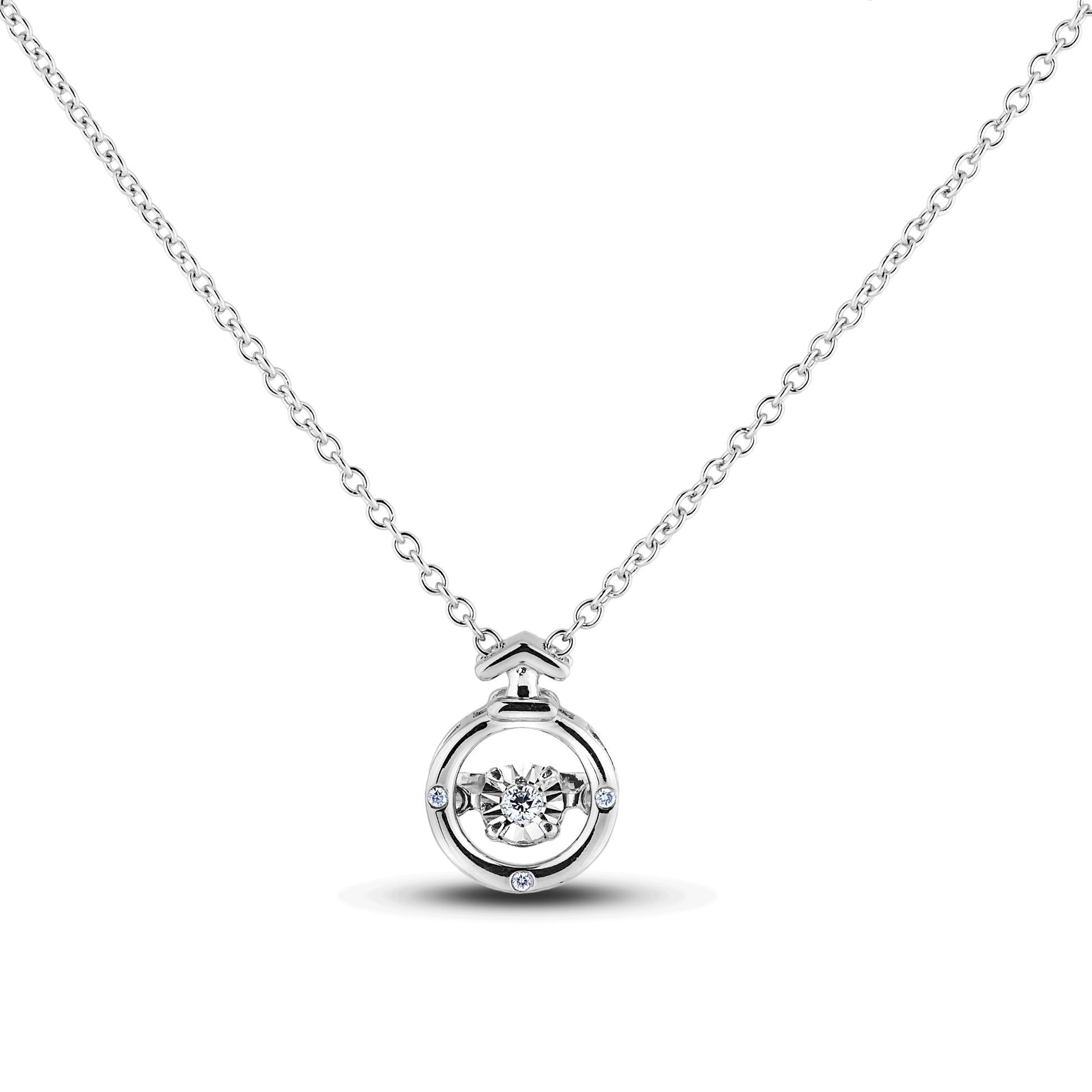 Sterling silver Canadian diamond pendant necklace featuring a Sagittarius zodiac horoscope design, displayed on a matching silver chain.
