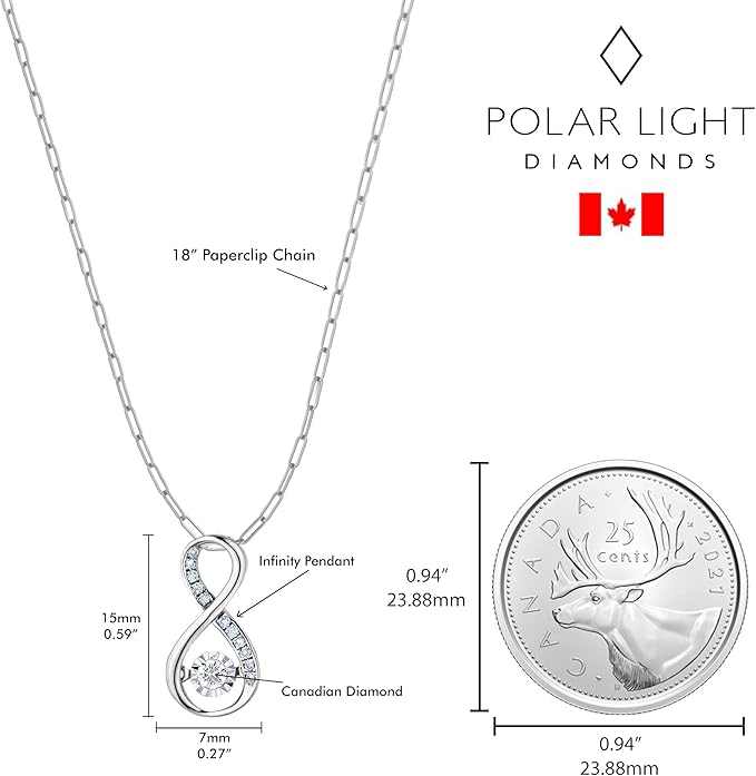 925 sterling silver vertical Infinity pendant with Canadian diamonds and 18" paperclip chain, size comparison next to Canadian quarter.