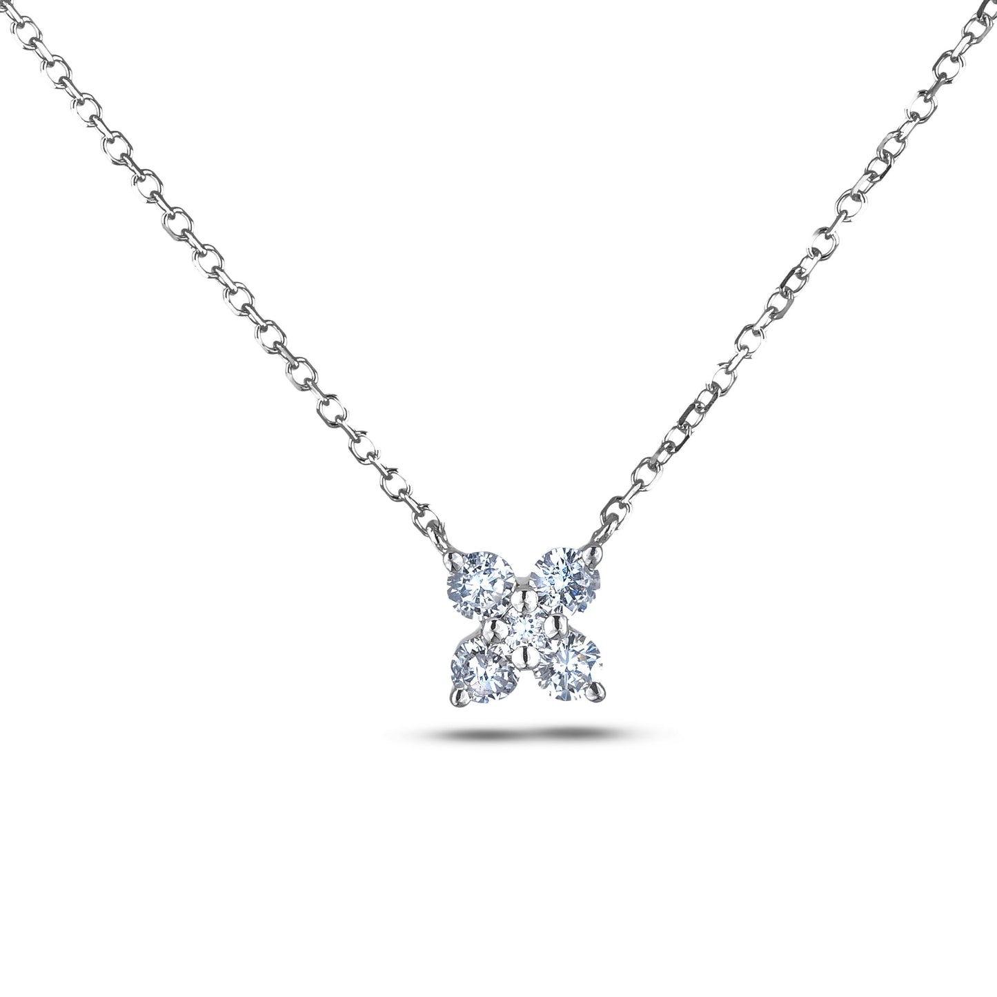 Diamond floral necklace on a 925 sterling silver chain against a white background