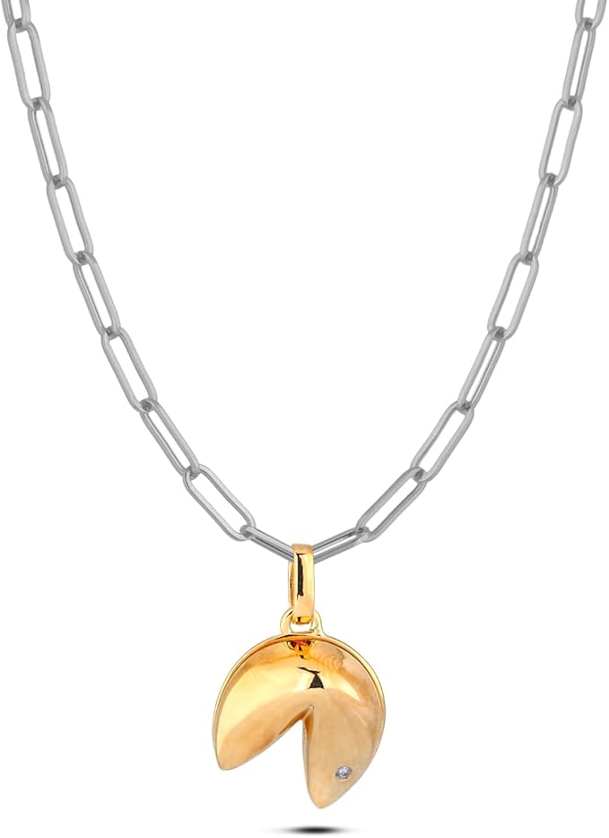 Sterling Silver Canadian Diamond Fortune Cookie Pendant & Paperclip Chain Necklace