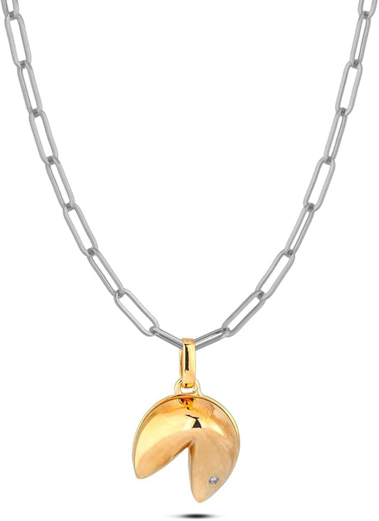 Sterling Silver Canadian Diamond Fortune Cookie Pendant & Paperclip Chain Necklace