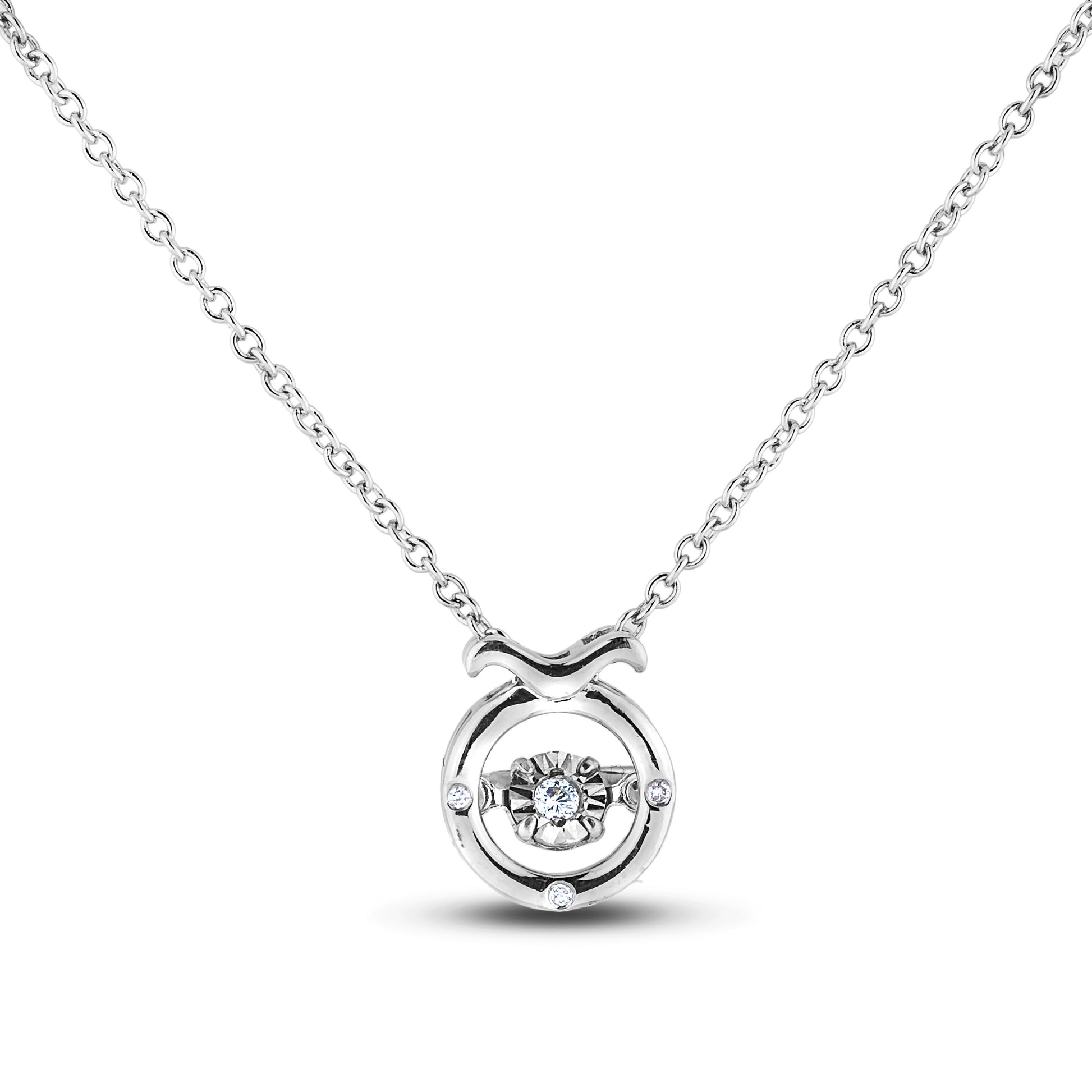 Sterling silver Canadian diamond pendant necklace featuring a Taurus zodiac horoscope design, displayed on a matching silver chain.
