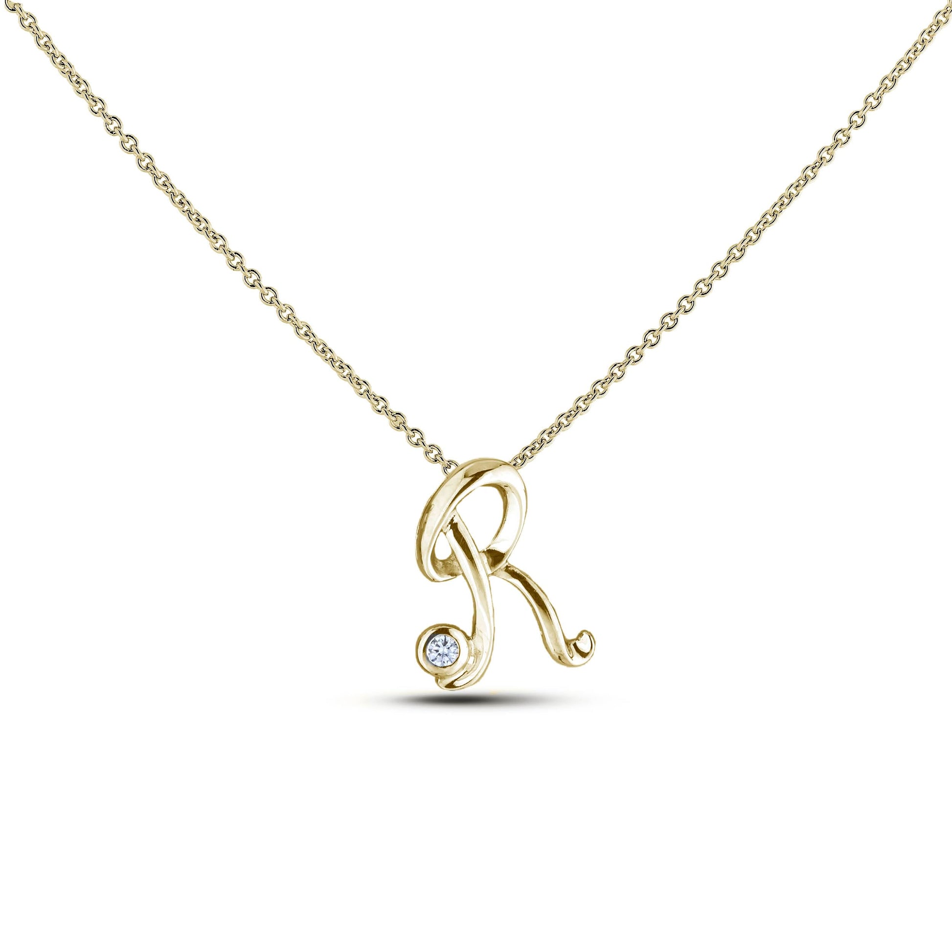 Yellow Gold Canadian diamond pendant necklace featuring a script alphabet letter S design, displayed on a matching silver rolo chain.

