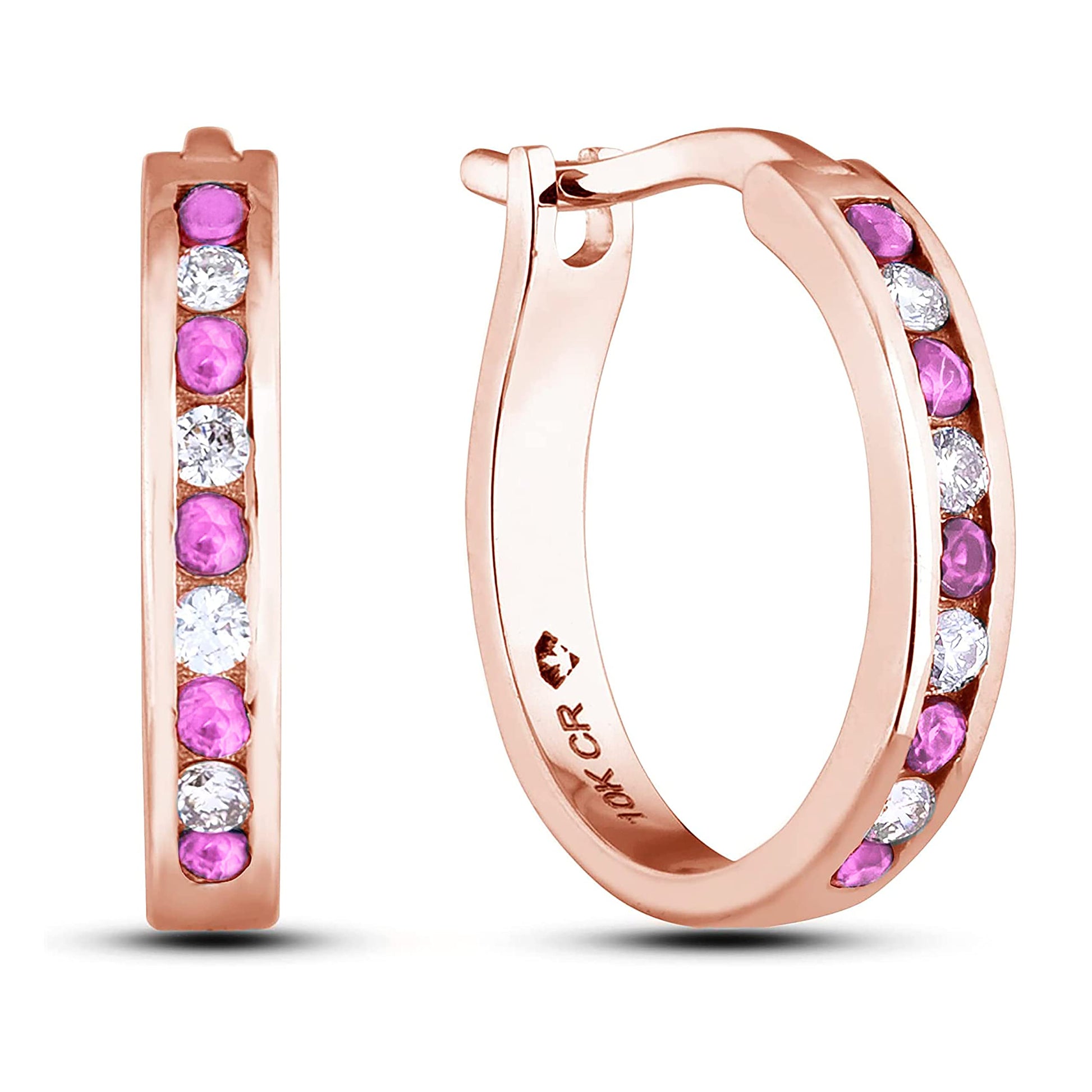 A pair of 10K rose gold huggie hoop earrings featuring an alternating channel-set design of 1/6 Cttw pink sapphires and 1/10 Cttw natural Canadian diamonds. The earrings are designed with a secure latch back post for a comfortable, seamless fit.