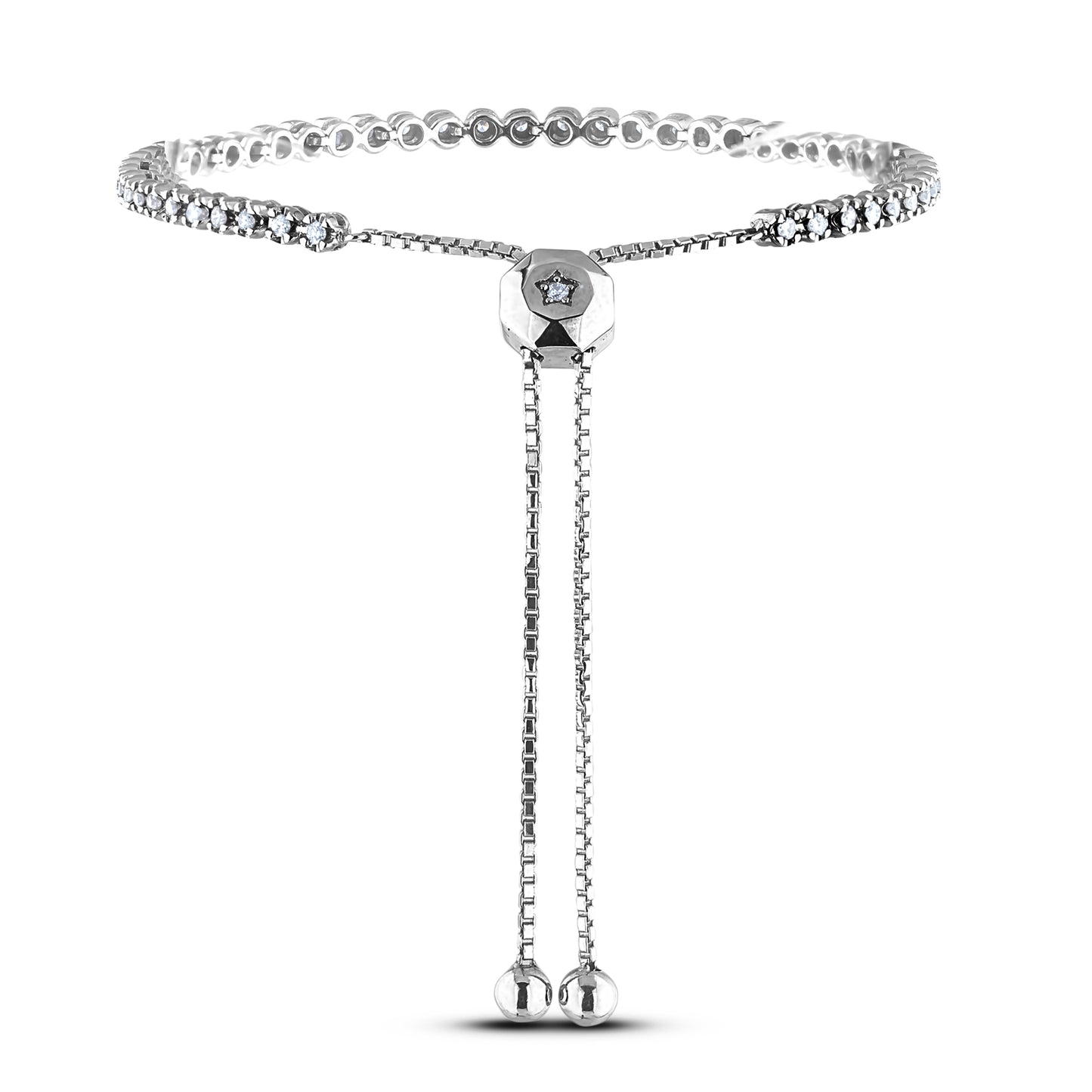 Silver diamond bolo bracelet with a chain and star detail on a white background