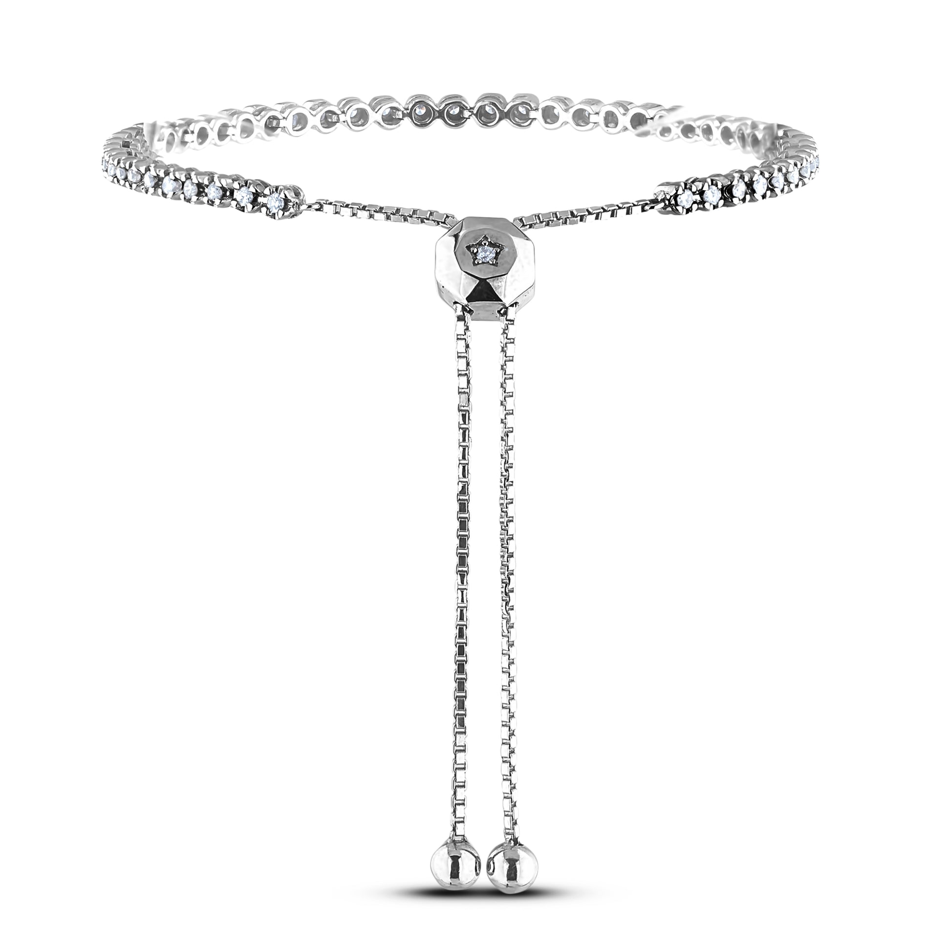 Silver diamond bolo bracelet with a chain and star detail on a white background